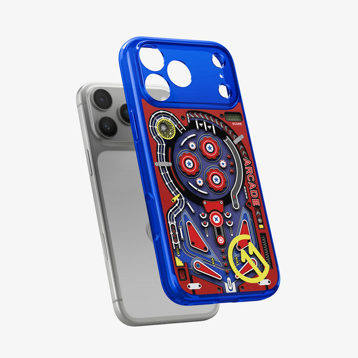 ACS11342 - iPhone 17 Pro Max Arcade case showing exploded view with transparent blue shell and pinball-inspired artwork insert