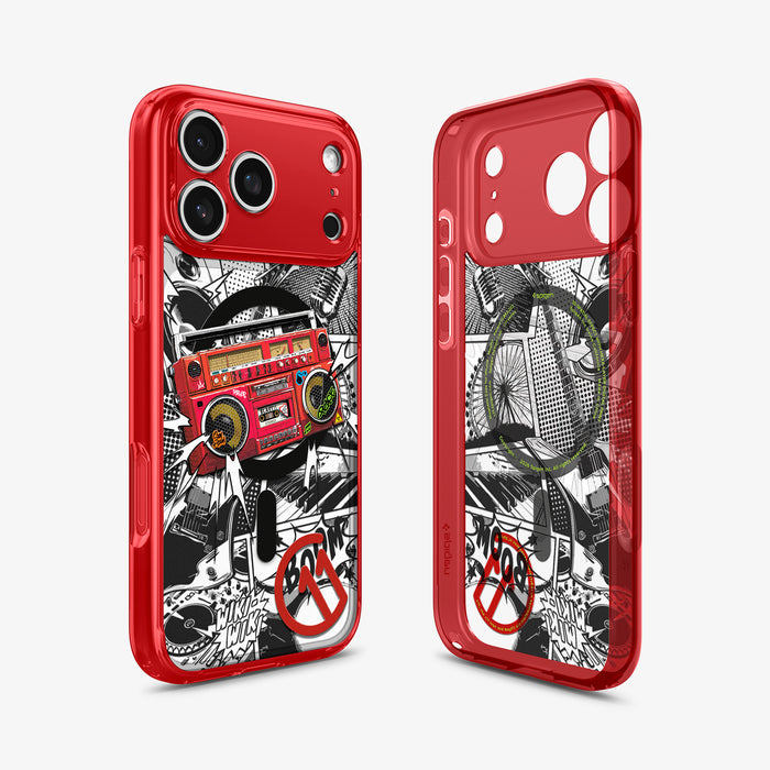 ACS11412 - Spigen C11 Blast iPhone 17 Pro Max case in Red showing boombox graffiti graphic design from back and interior angles