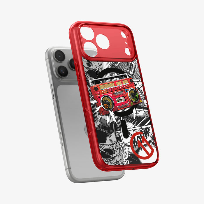 ACS11412 - Spigen C11 Blast iPhone 17 Pro Max case in Red with boombox graffiti graphic separating from natural titanium iPhone