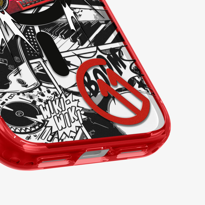 ACS11412 - Spigen C11 Blast iPhone 17 Pro Max case in Red close-up of boombox graffiti graphic and red bumper corner detail