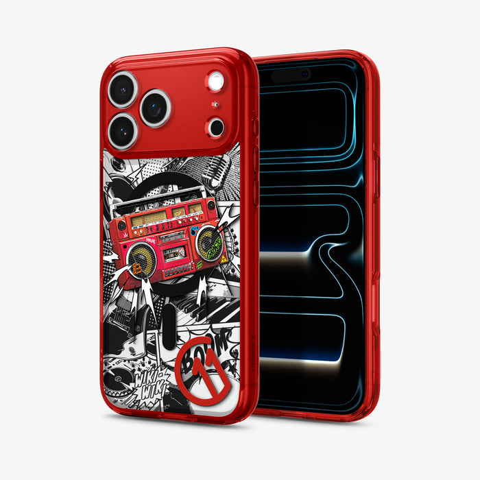 ACS11413 - Spigen C11 Blast iPhone 17 Pro case in Red showing boombox graffiti back design and front view on phone