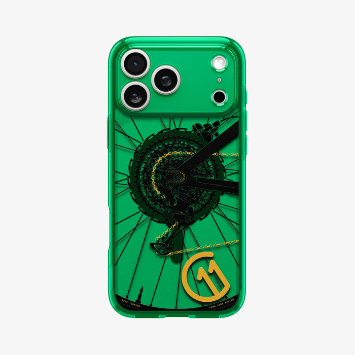 ACS11650 - Spigen Cadence C11 green iPhone 17 Pro Max case flat back view with bicycle gear and chain graphic