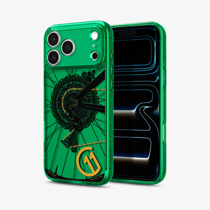 ACS11650 -  Spigen Cadence C11 green iPhone 17 Pro Max case showing back and front view with lock screen visible