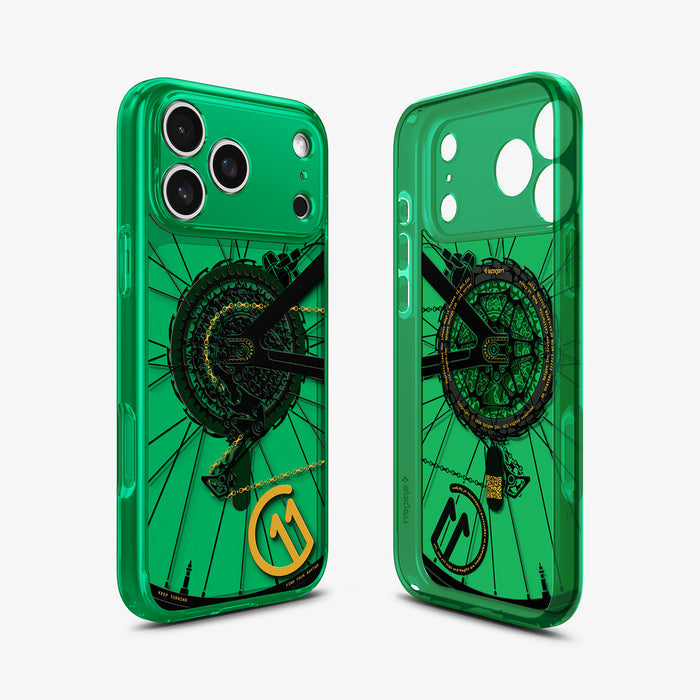 ACS11650 -  Spigen Cadence C11 case for iPhone 17 Pro Max series in green with bicycle gear graphic, front and back view