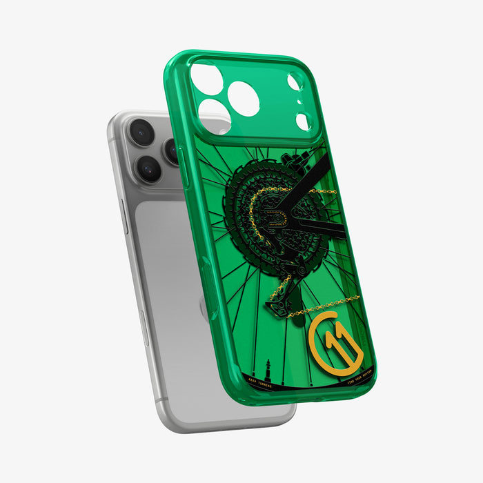 ACS11650 - Spigen Cadence C11 green iPhone 17 Pro Max case with bicycle gear design shown off iPhone