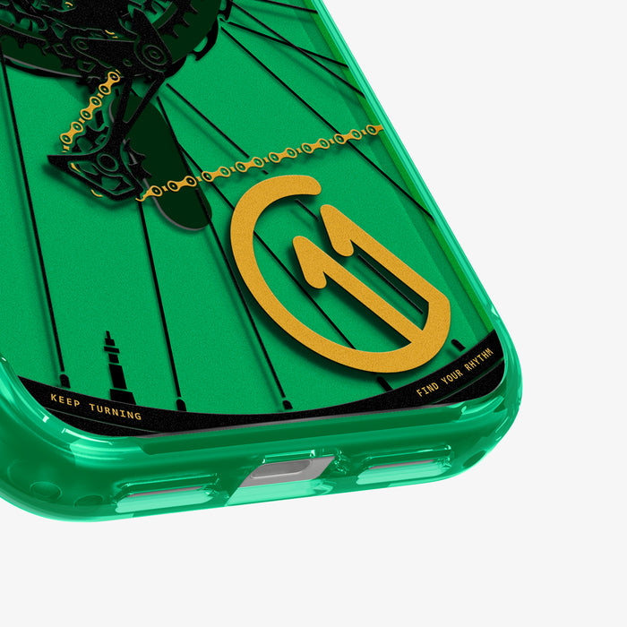 ACS11650 - Close-up of Spigen Cadence C11 case bottom corner showing bicycle chain graphic and Keep Turning text
