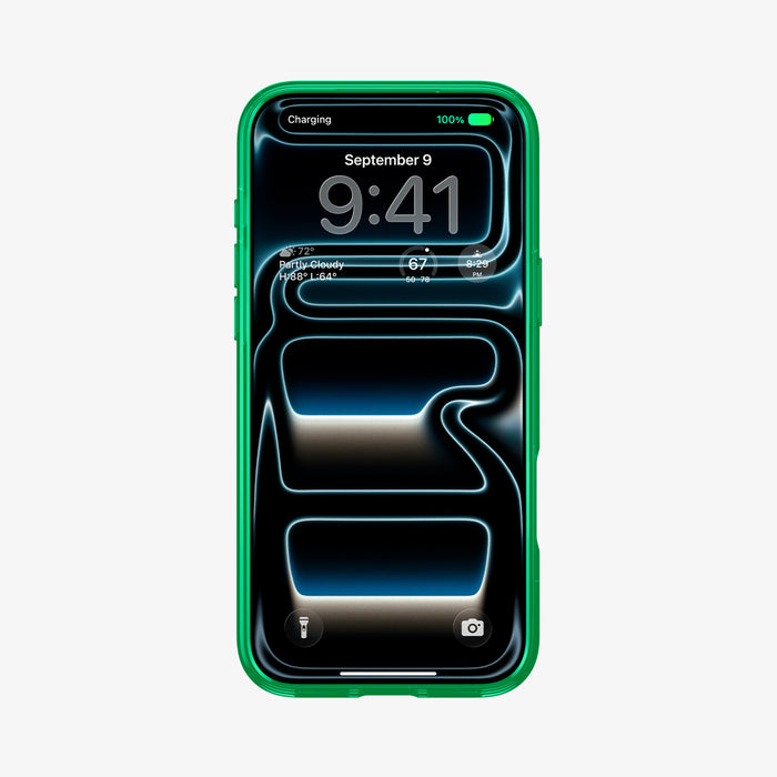 ACS11650 - Front view of iPhone 17 Pro Max in Spigen Cadence C11 green case showing lock screen