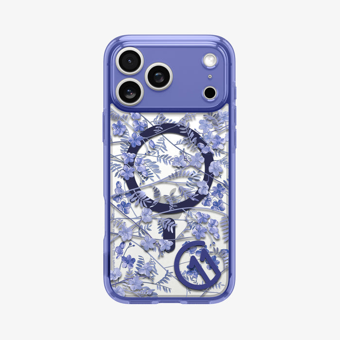 ACS11472 - Straight-on back view of Spigen C11 Cobalt Spring MagSafe case for iPhone 17 Pro Max showing full cobalt blue botanical floral pattern