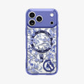 ACS11472 - Straight-on back view of Spigen C11 Cobalt Spring MagSafe case for iPhone 17 Pro Max showing full cobalt blue botanical floral pattern