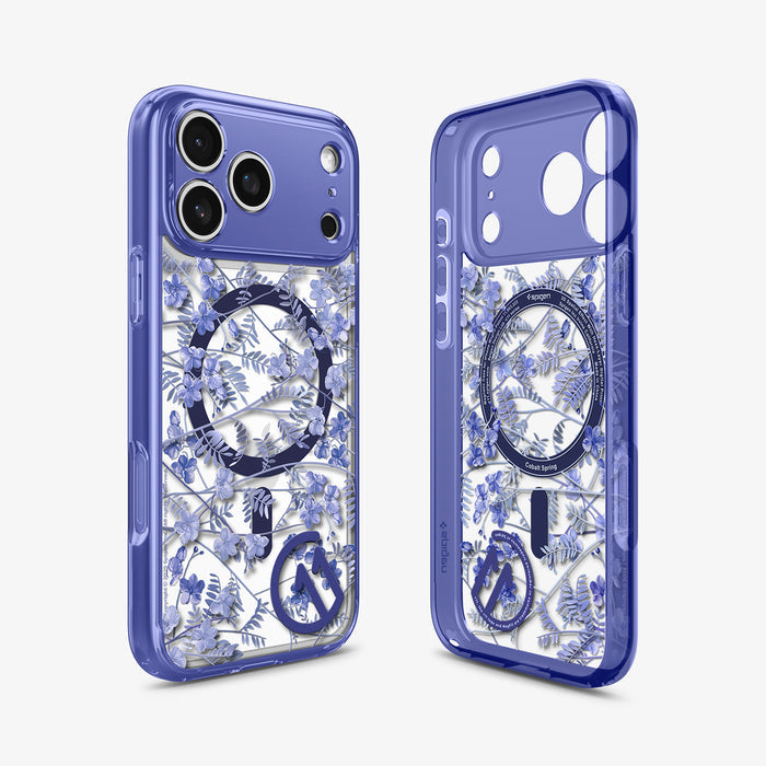 ACS11472 - Front and back view of Spigen C11 Cobalt Spring MagSafe case for iPhone 17 Pro Max showing blue floral botanical print design