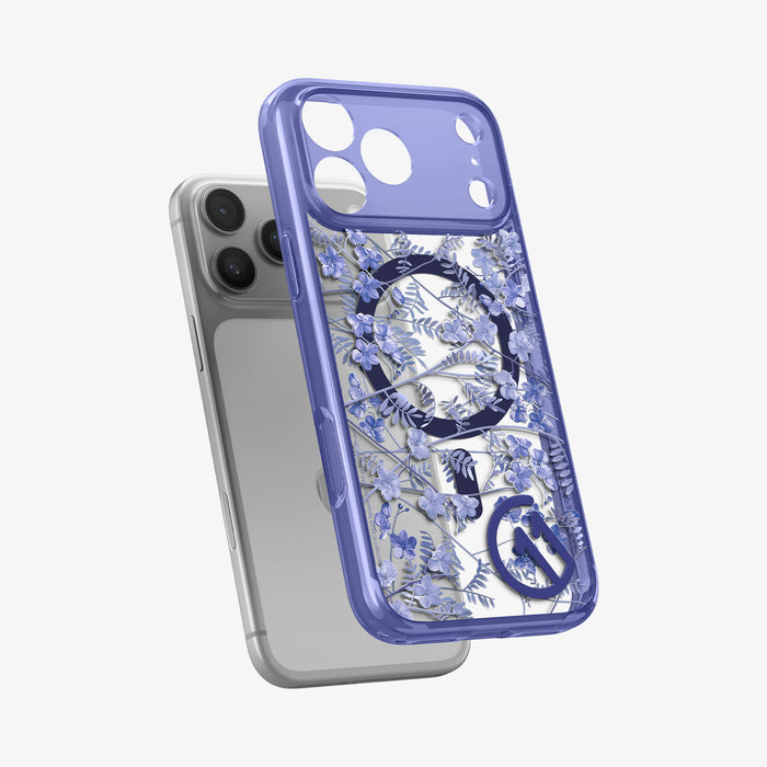 ACS11472 - Spigen C11 Cobalt Spring MagSafe case floating above iPhone 17 Pro Max showing blue botanical floral pattern and camera cutouts