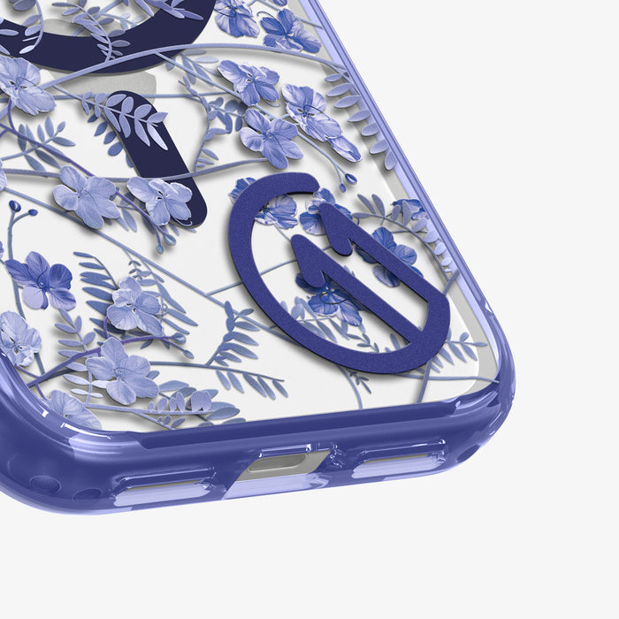 ACS11472 - Close-up of Spigen C11 Cobalt Spring case bottom corner showing detailed blue floral botanical print and MagSafe ring