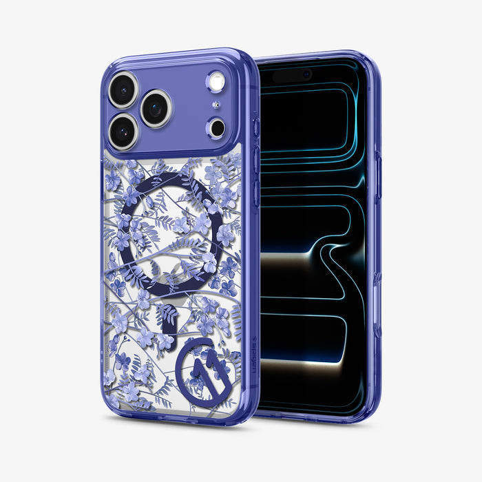 ACS11473 - Back and front view of Spigen C11 Cobalt Spring MagSafe case on iPhone 17 Pro showing floral print back and display
