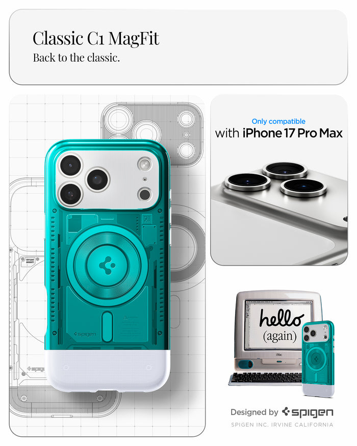 ACS09908 - iPhone 17 Pro Max Case Classic C1 (MagFit) in bondi blue showing classic C1 magfit. Back to the classic. designed by spigen.