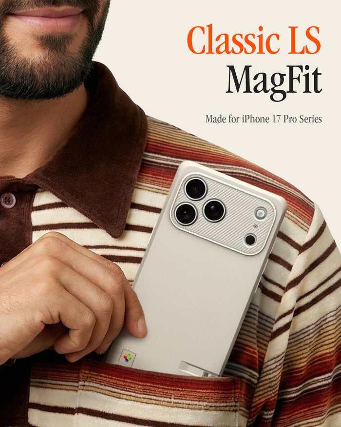 ACS10478 - iPhone 17 Pro Max Classic LS MagFit case showing a man sliding a beige iPhone case into his shirt pocket, with "Classic LS MagFit, Made for iPhone 17 Pro Series" text.