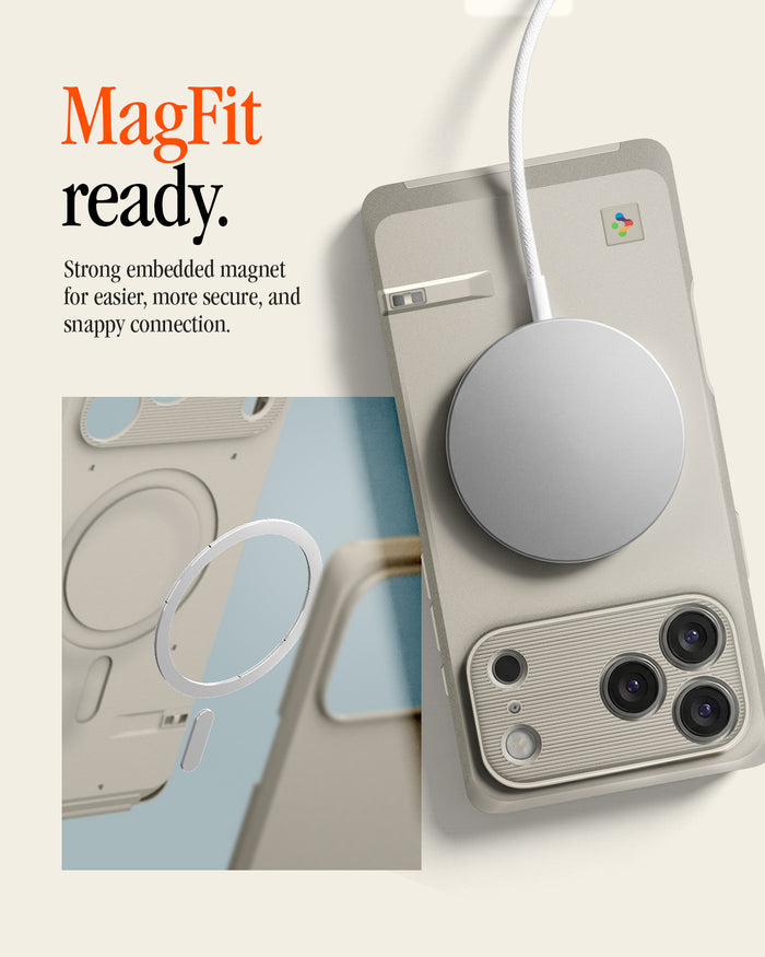 ACS10478 - iPhone 17 Pro Max Classic LS MagFit case showing the case with a MagSafe charger attached via embedded magnet, plus a close-up of the magnetic ring and lanyard cutout.