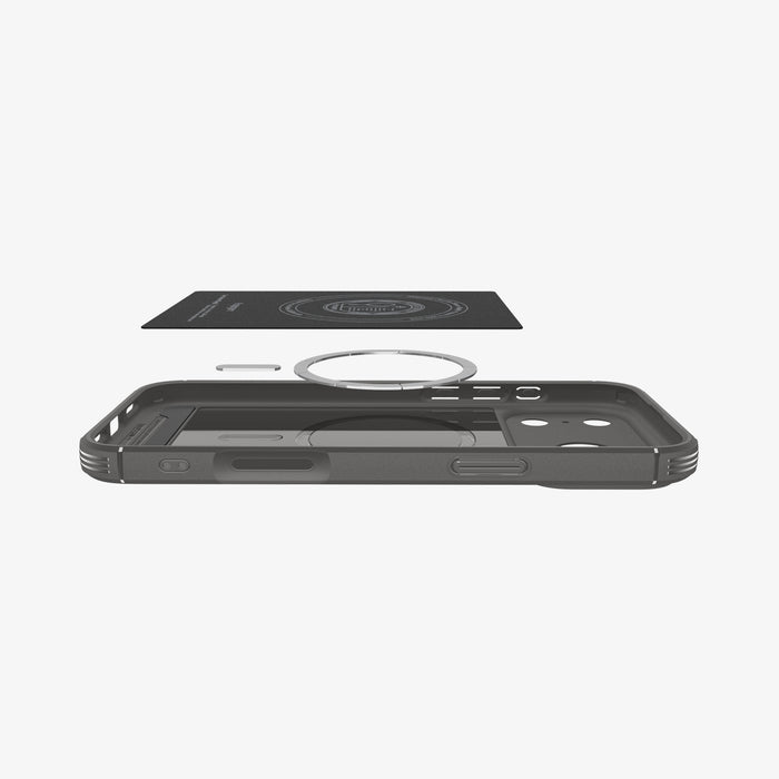 ACS09672 - iPhone 17 Pro Max Core Armor (MagFit) in Marble Gray showing the back cover hovering above detached metal ring plate and the back of the case