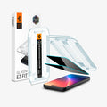 AGL07908 - iPhone 17 Pro Max GLAS.tR EZ Fit Privacy showing the installation tray hovering above the 2 screen protector and the device, beside it is another installation tray with case