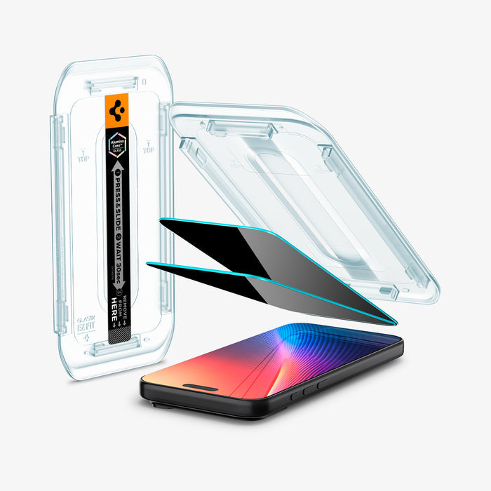 AGL07908 - iPhone 17 Pro Max GLAS.tR EZ Fit Privacy showing the installation tray hovering above the 2 screen protector and the device, beside it is another installation tray