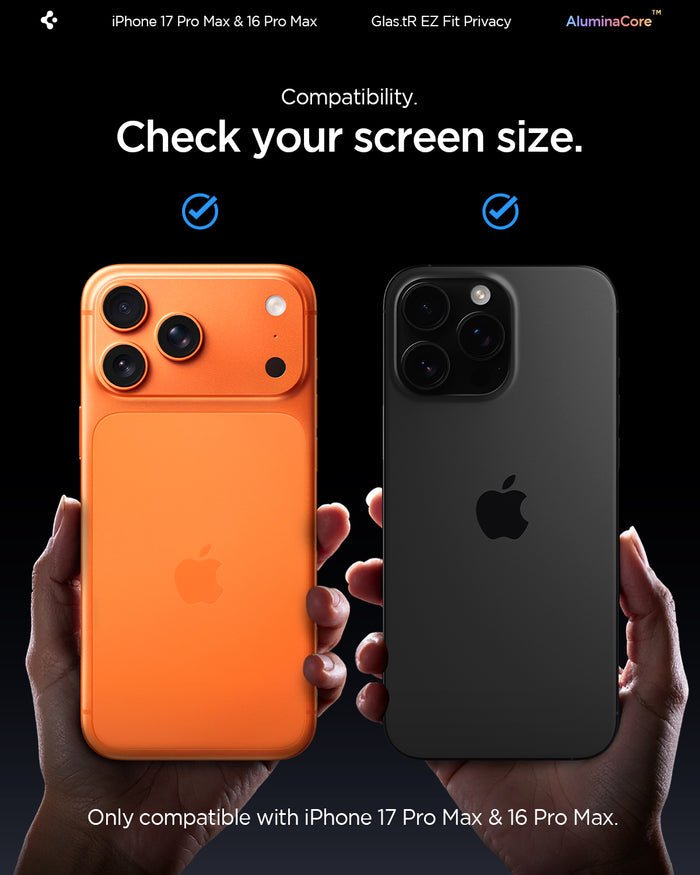 AGL07908 - iPhone 17 Pro Max GLAS.tR EZ Fit Privacy showing the compatibility. Check your screen size. Only compatible with iPhone 17 Pro Max