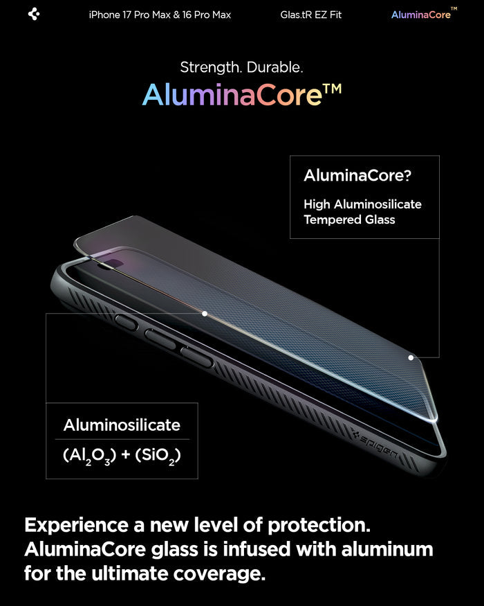 AGL07907 - iPhone 17 Pro Max GLAS.tR EZ Fit | Sensor Protected showing the aluminacore. Experience a new level of protection. Aluminacore glass is infused with aluminum for the ultimate coverage