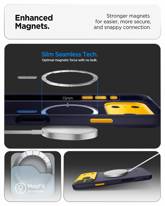 ACS09913CC - iPhone 17 Pro Max Case Nano Pop (MagFit) in blueberry navy showing the enhanced magnets. Stronger magnets for easier, more secure and snappy connection