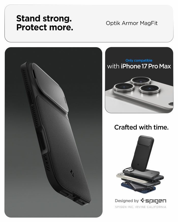 ACS09900 - iPhone 17 Pro Max Series Case Optik Armor (MagFit) in black showing the stand strong and protect more with the case. Only compatible with iPhone 17 pro max