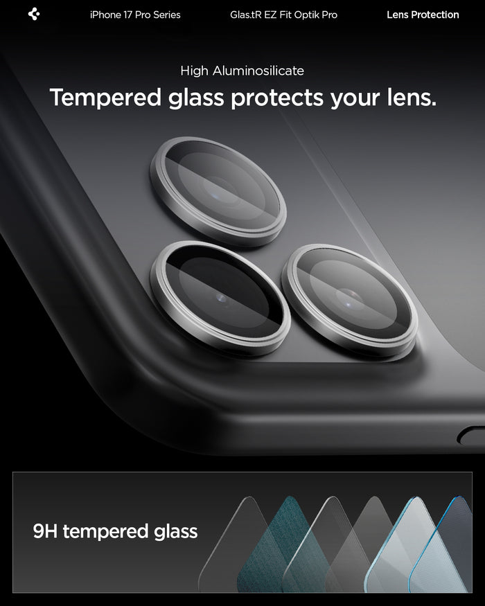 AGL10125 - iPhone 17 Pro Max Optik Pro EZ Fit Lens Protector in gray showing the high aluminosilicate. Tempered glass protects your lens.