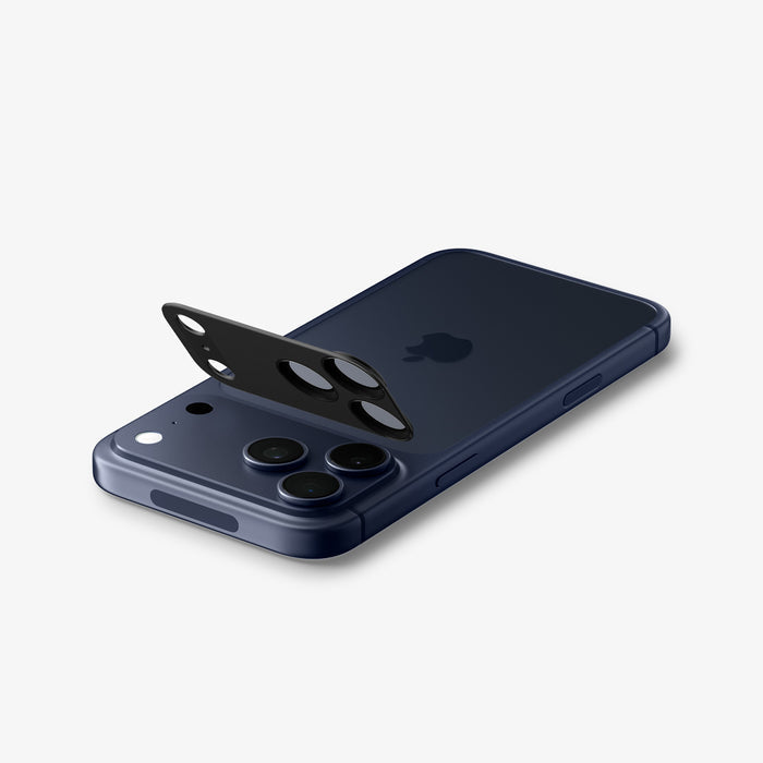 AGL10649 - iPhone 17 Pro Max Optik Pro XL EZ Fit Lens Protector in black showing the back and partial side with lens screen protector partially hovering above