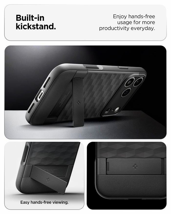 ACS09911 - iPhone 17 Pro Max Series Case Parallax S (MagFit) in black showing the built in kickstand. Enjoy hands free usage for more productivity everyday