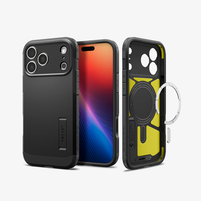 ACS09897 - iPhone 17 Pro Max Case Tough Armor T AI (MagFit) in black showing the back, front and inside of case