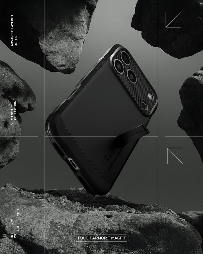 ACS09897 - iPhone 17 Pro Max Case Tough Armor T AI (MagFit) in black showing the back with kick stand