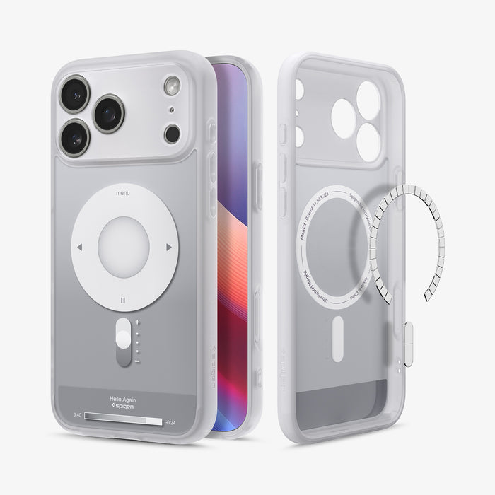 ACS10044 - iPhone 17 Pro Max Case Ultra Hybrid Classic (MagFit) in Classic Silver showing the back, partial front, and inner while detached magnet is hovering in front of the case