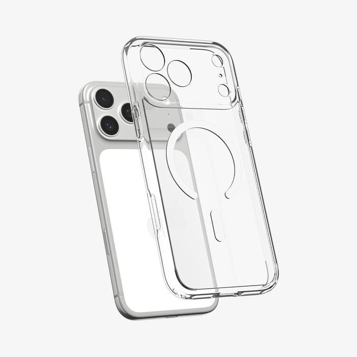ACS10035 - iPhone 17 Pro Max Ultra Hybrid (MagFit) in Clear White showing the front of layer hovering above the magfit magnet plate and the case