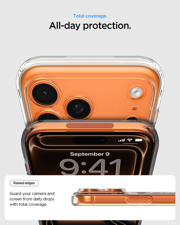 ACS10035 - iPhone 17 Pro Max Ultra Hybrid (MagFit) in Clear White showing total coverage. all day protection. raised edges guard your camera and screen from daily drops with total coverage.