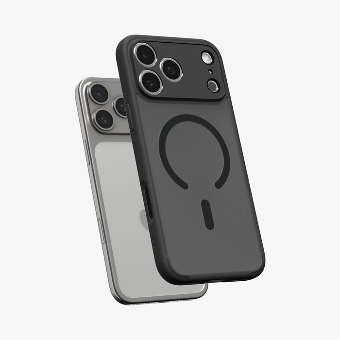 ACS10038 - iPhone 17 Pro Max Ultra Hybrid (MagFit) in Frost Black showing the front of layer hovering above the magfit magnet plate and the case