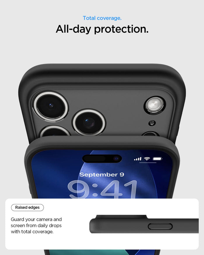 ACS10038 - iPhone 17 Pro Max Ultra Hybrid (MagFit) in Frost Black showing total coverage. all day protection. raised edges guard your camera and screen from daily drops with total coverage.