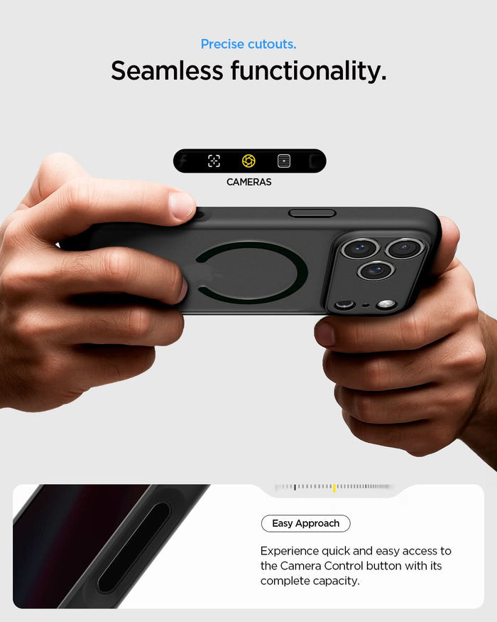 ACS10038 - iPhone 17 Pro Max Ultra Hybrid (MagFit) in Frost Black showing precise cutouts. seamless functionality. easy approach. experience quick and easy access to the camera control button with its complete capacity.