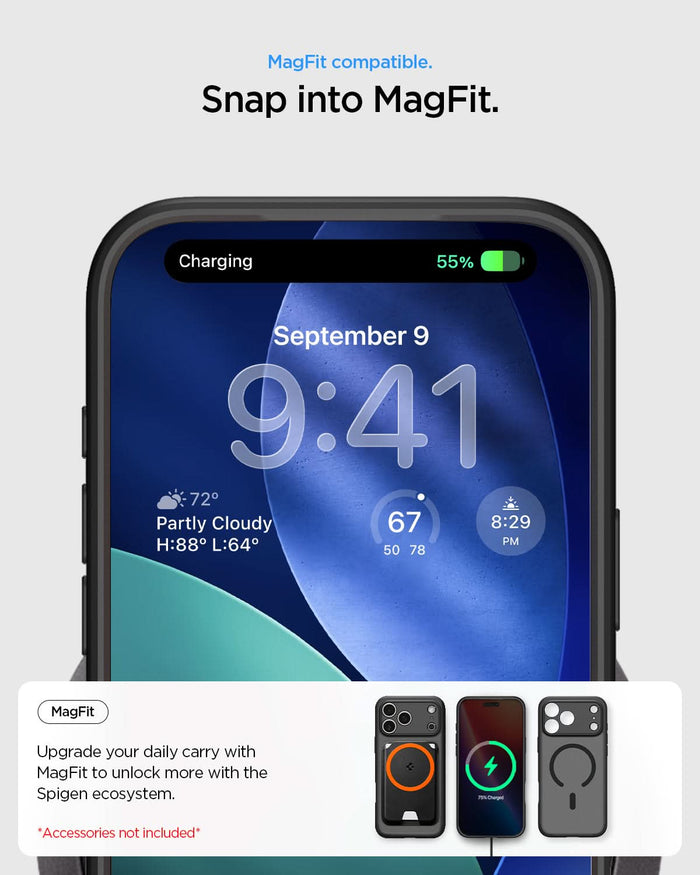 ACS10038 - iPhone 17 Pro Max Ultra Hybrid (MagFit) in Frost Black showing magfit compatible. snap into magfit. upgrade your daily carry with magfit to unlock more with the spigen ecosystem.