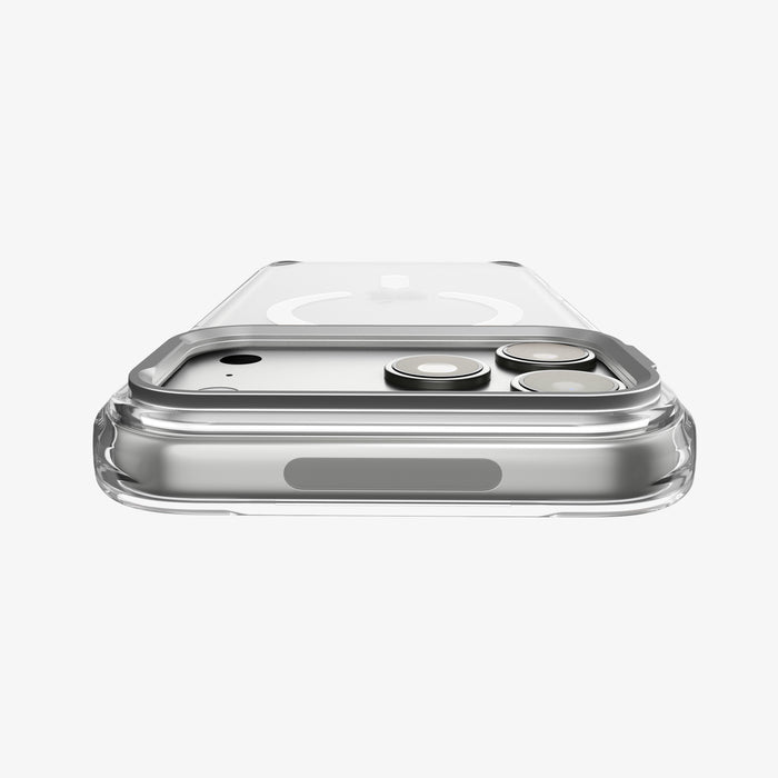 ACS11908 - iPhone 18 Pro Max / iPhone 17 Pro Max Ultra Hybrid Optik S (Mag Fit) Clear Silver showing a close-up of the raised camera frame folded flat around the camera area