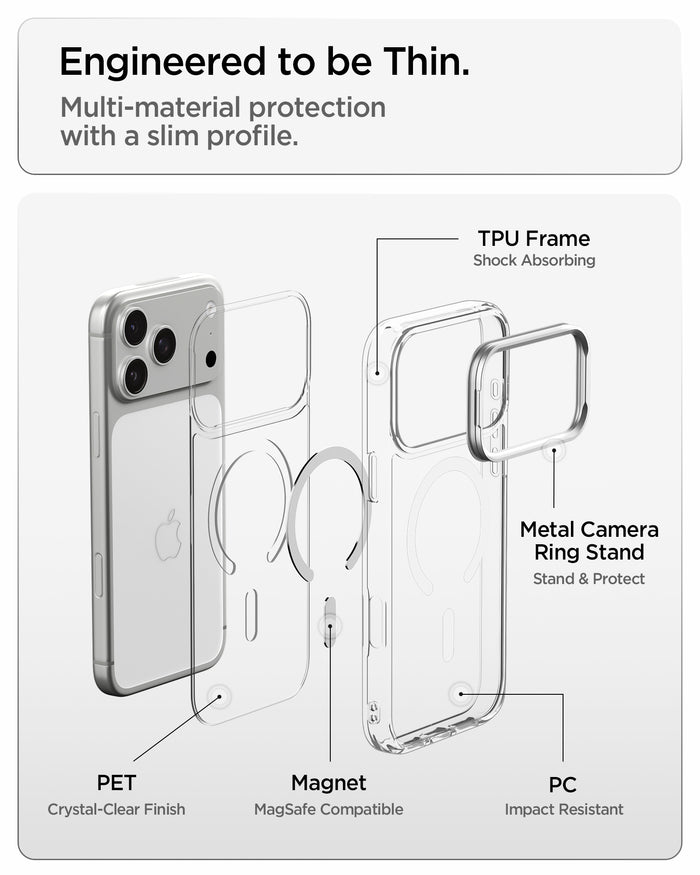 ACS11908 - iPhone 18 Pro Max / iPhone 17 Pro Max Ultra Hybrid Optik S (Mag Fit) Clear Silver showing an exploded view of the multi-material case construction with camera ring stand and magnetic components