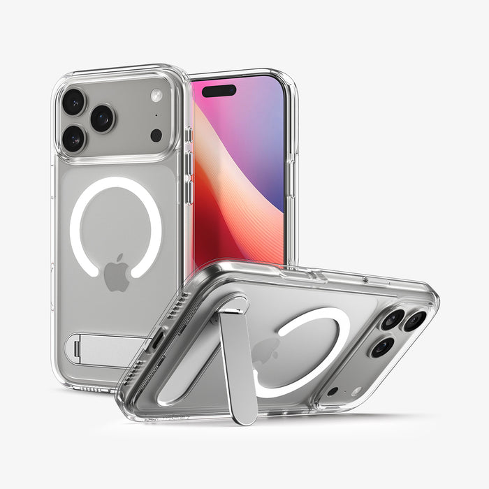 ACS09893 - iPhone 17 Pro Max Case Ultra Hybrid S (MagFit) showing the back, front and device propped up by kickstand