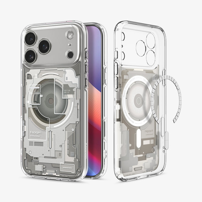 ACS10041 - iPhone 17 Pro Max Case Ultra Hybrid Zero One (MagFit) in Zero One Natural Titanium showing the back, partial front, and inner while detached magnet is hovering in front of the case