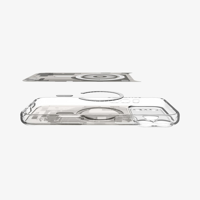 ACS10041 - iPhone 17 Pro Max Case Ultra Hybrid Zero One (MagFit) in Zero One Natural Titanium showing the inner sticker, hovering above the detached magnet ring and the case