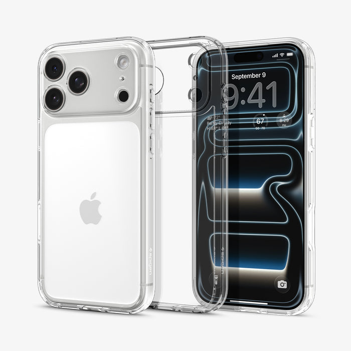 ACS10033 - iPhone 17 Pro Max Ultra Hybrid in Crystal Clear showing front and back of the device with case