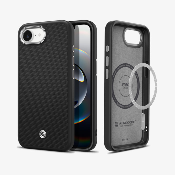 ACS09153 - iPhone 17e Case Enzo Aramid in Matte Black showing the partial front, partial back and sides, with showing inner of phone case