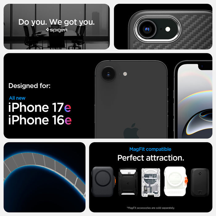 ACS09153 - iPhone 17e Case Enzo Aramid showing iPhone 17e and iPhone 16e compatibility and compatibility with Mag Fit. with Mag fit accessories showcases of Mag Fit wallets and chargers but Mag fit accessories are sold separately.