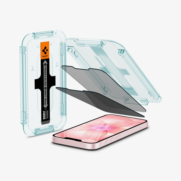 AGL03388 - iPhone 17e Screen Protector EZ FIT GLAS.tR Privacy showing the ez fit alignment tray, two privacy screen protectors and iPhone