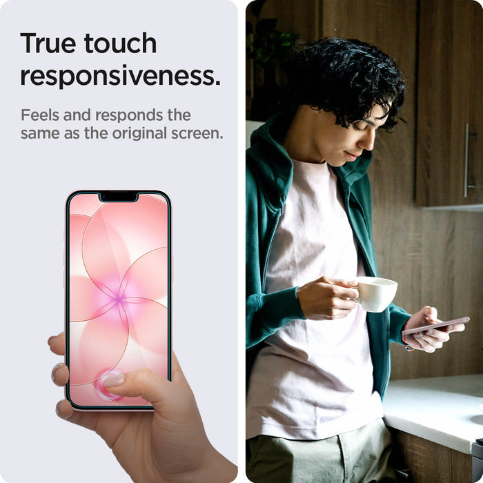 AGL03388 - iPhone 17e Screen Protector EZ FIT GLAS.tR Privacy showing the true touch responsiveness. Feels and responds the same as the original screen