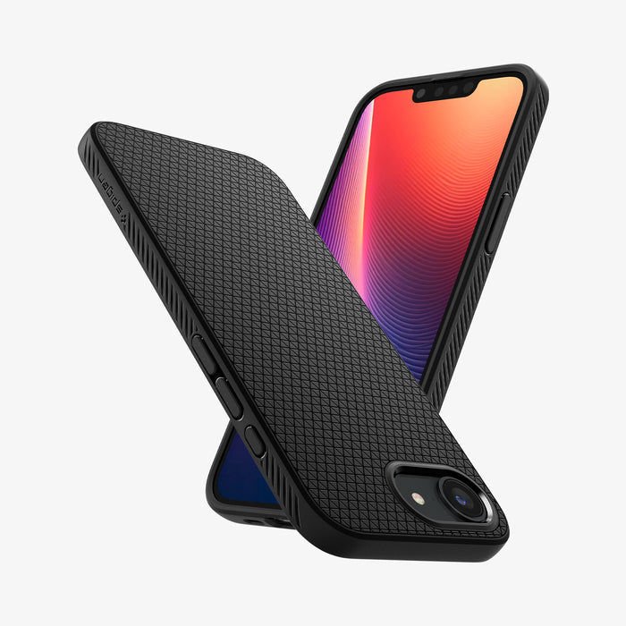 ACS09161 - iPhone 17e Case Liquid Air in Matte Black showing the partial back and side (upside down) and another device showing partial front and side